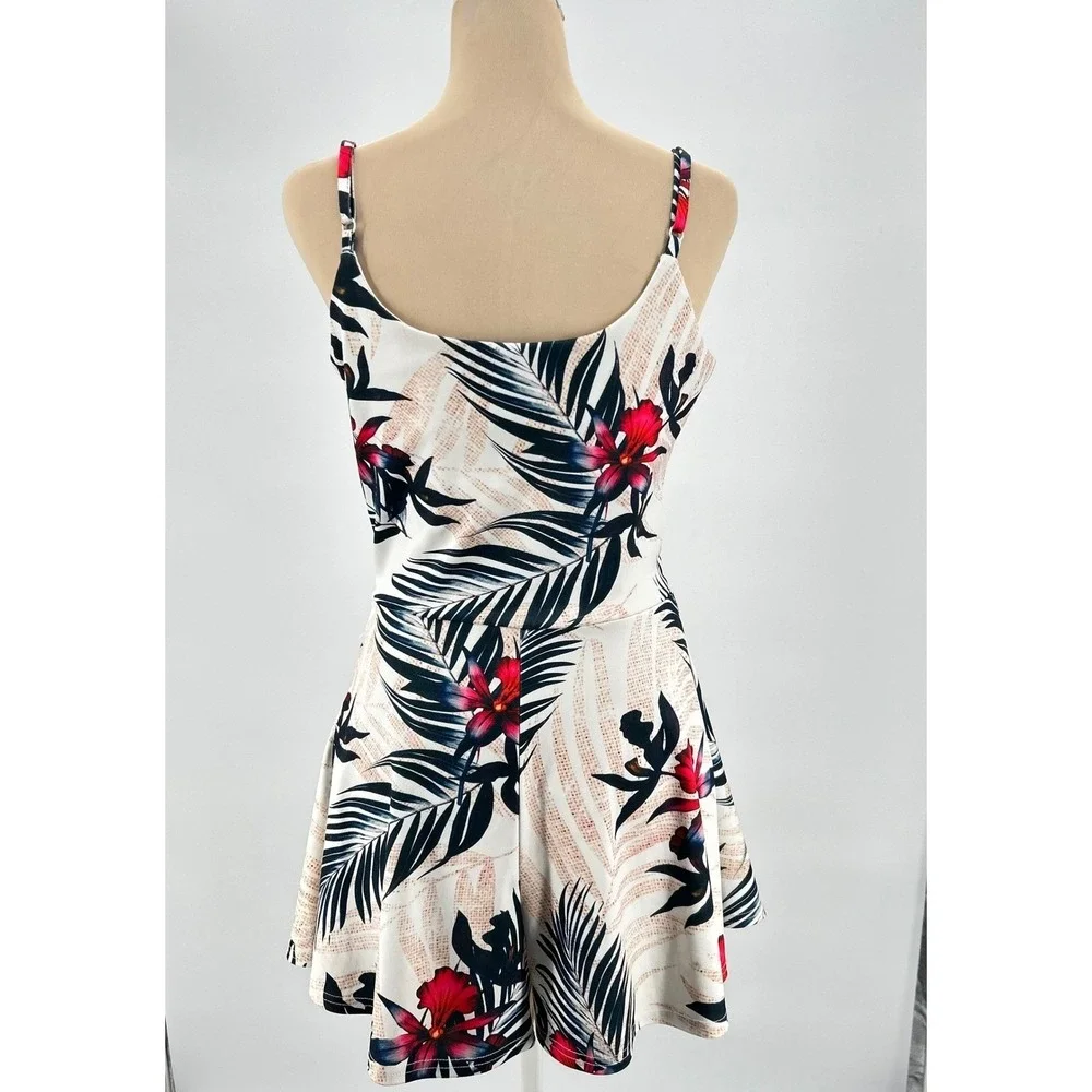 Womens Tropical Floral Palm Print Romper White Pink Blue Sleeveless V-Neck A0308